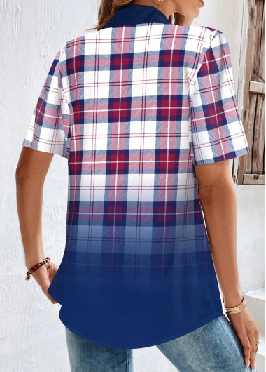 Multi Color tops,Plaid tops,Striped tops,Geometric tops,Ombre tops,ROTITA Button Plaid Multi Color Split Neck Short Sleeve Blouse