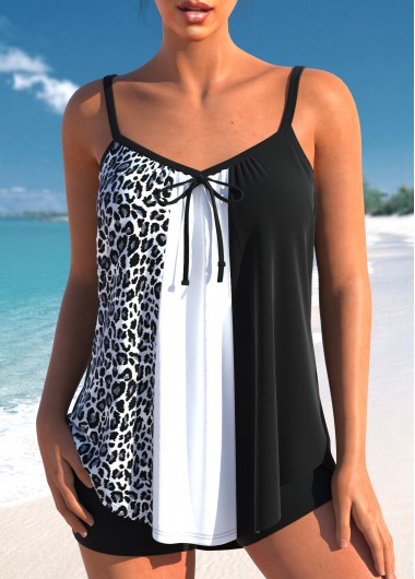 ROTITA Patchwork Black Bowknot Leopard Tankini Top