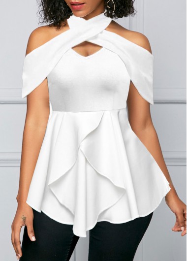 ROTITA Criss Cross White Short Sleeve Cold Shoulder Blouse