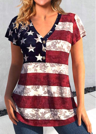 ROTITA Button Flag Print Wine Red T Shirt