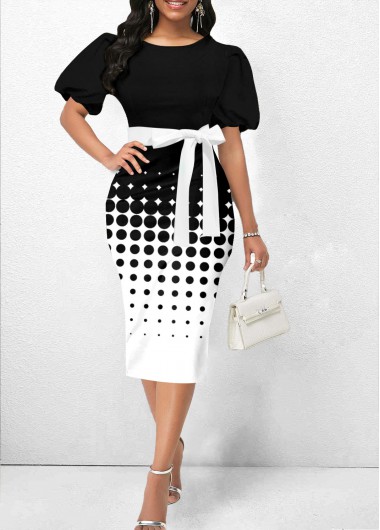ROTITA Polka Dot Black Belted Round Neck Bodycon Dress