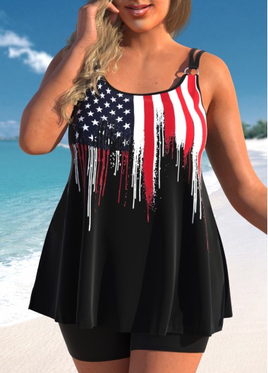 ROTITA Plus Size Circular Ring Flag Print Tankini Top