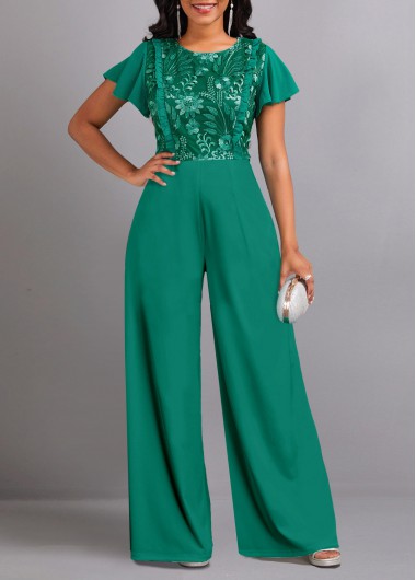ROTITA Lace Green Round Neck Short Sleeve Jumpsuit