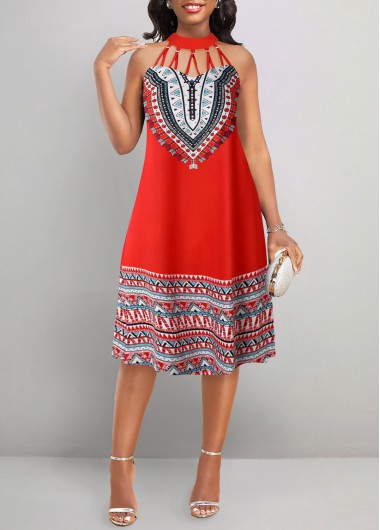 ROTITA Cage Neck Tribal Print Red A Line Dress