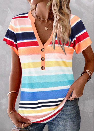 ROTITA Button Striped Multi Color Split Neck Blouse