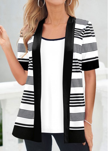 ROTITA Fake 2in1 Striped Black Round Neck T Shirt