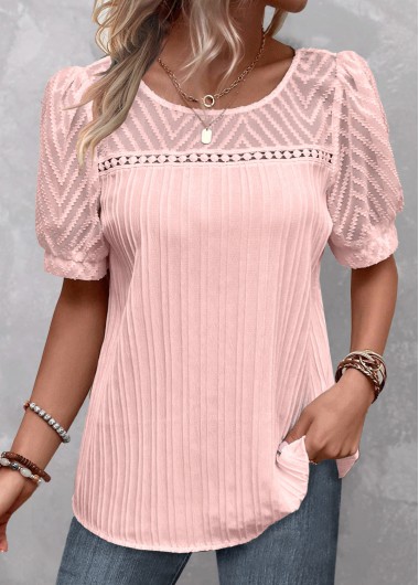 ROTITA Lace Light Pink Round Neck Short Sleeve Blouse