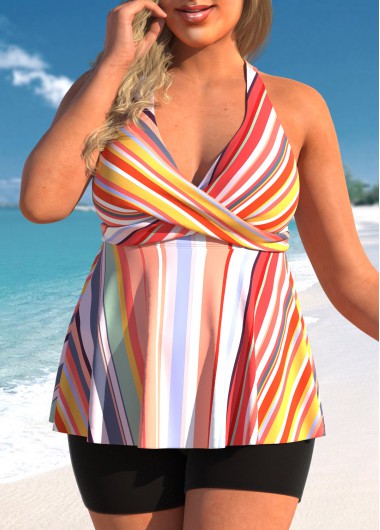 ROTITA Plus Size Criss Cross Striped Tankini Top