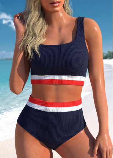 ROTITA Patchwork Navy High Waisted Bikini Set