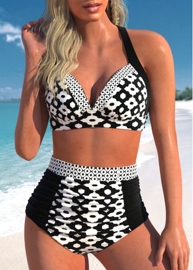 ROTITA Patchwork Black Geometric Print High Waisted Bikini Set
