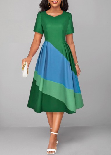 ROTITA Ruched Green Heart Collar Short Sleeve Dress