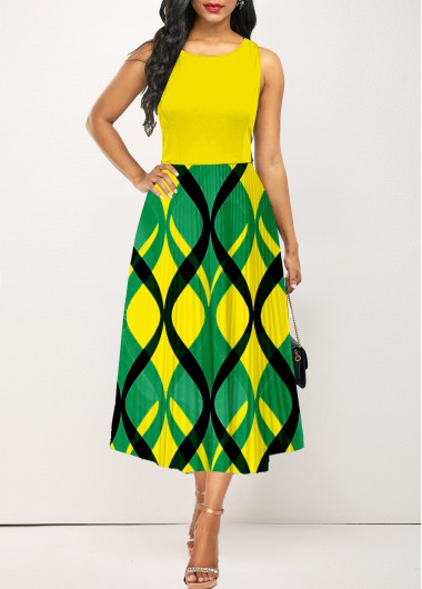 ROTITA Zipper Geometric Print Yellow Round Neck Sleeveless Dress