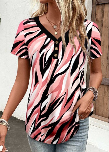 ROTITA Button Geometric Print Multi Color T Shirt