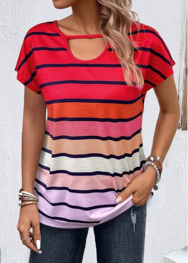 ROTITA Cut Out Striped Multi Color T Shirt