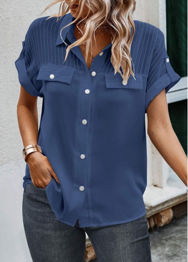 ROTITA Button Dusty Blue Shirt Collar Short Sleeve Blouse