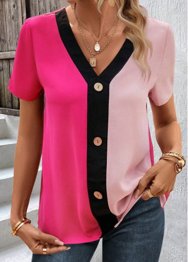 ROTITA Patchwork Hot Pink V Neck Short Sleeve Blouse