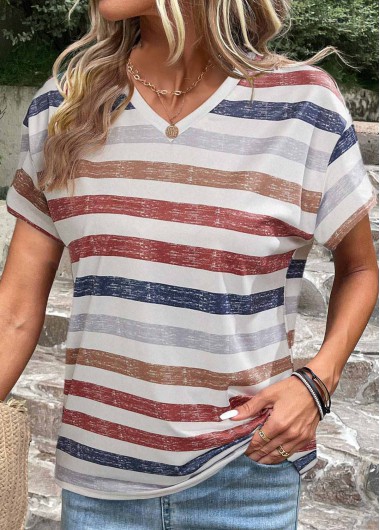 ROTITA Striped White V Neck Short Sleeve T Shirt