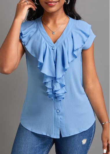 Light Blue tops,Plain Color tops,ROTITA Button Light Blue V Neck Short Sleeve Blouse