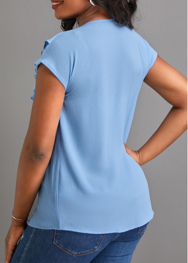 Light Blue tops,Plain Color tops,ROTITA Button Light Blue V Neck Short Sleeve Blouse