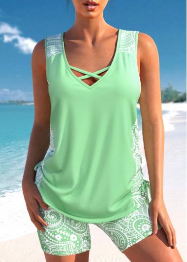 Light Green swimwear,Paisley swimwear,ROTITA Drawstring Light Green Paisley Print Tankini Set