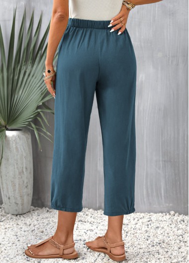 Peacock Blue bottoms,Plain Color bottoms,Pocket Peacock Blue Elastic Waist Pants