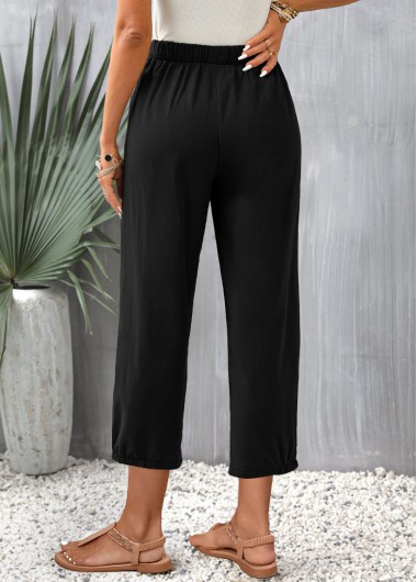 Black bottoms,Plain Color bottoms,Pocket Black Elastic Waist High Waisted Pants