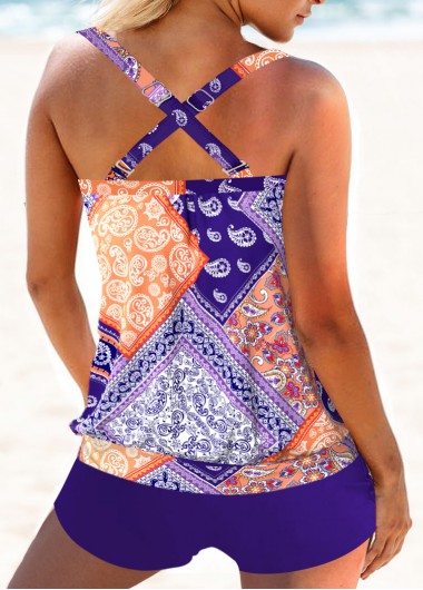 Purple swimwear,Tribal swimwear,Geometric swimwear,Plaid swimwear,Striped swimwear,ROTITA Criss Cross Purple Patchwork Mid Waisted Tankini Set