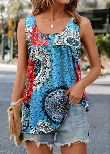 Blue tops,Multi Color tops,Tribal tops,Geometric tops,ROTITA Ruched Tribal Print Blue Scoop Neck Tank Top
