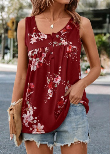 Red tops,Floral tops,ROTITA Ruched Floral Print Red Scoop Neck Tank Top