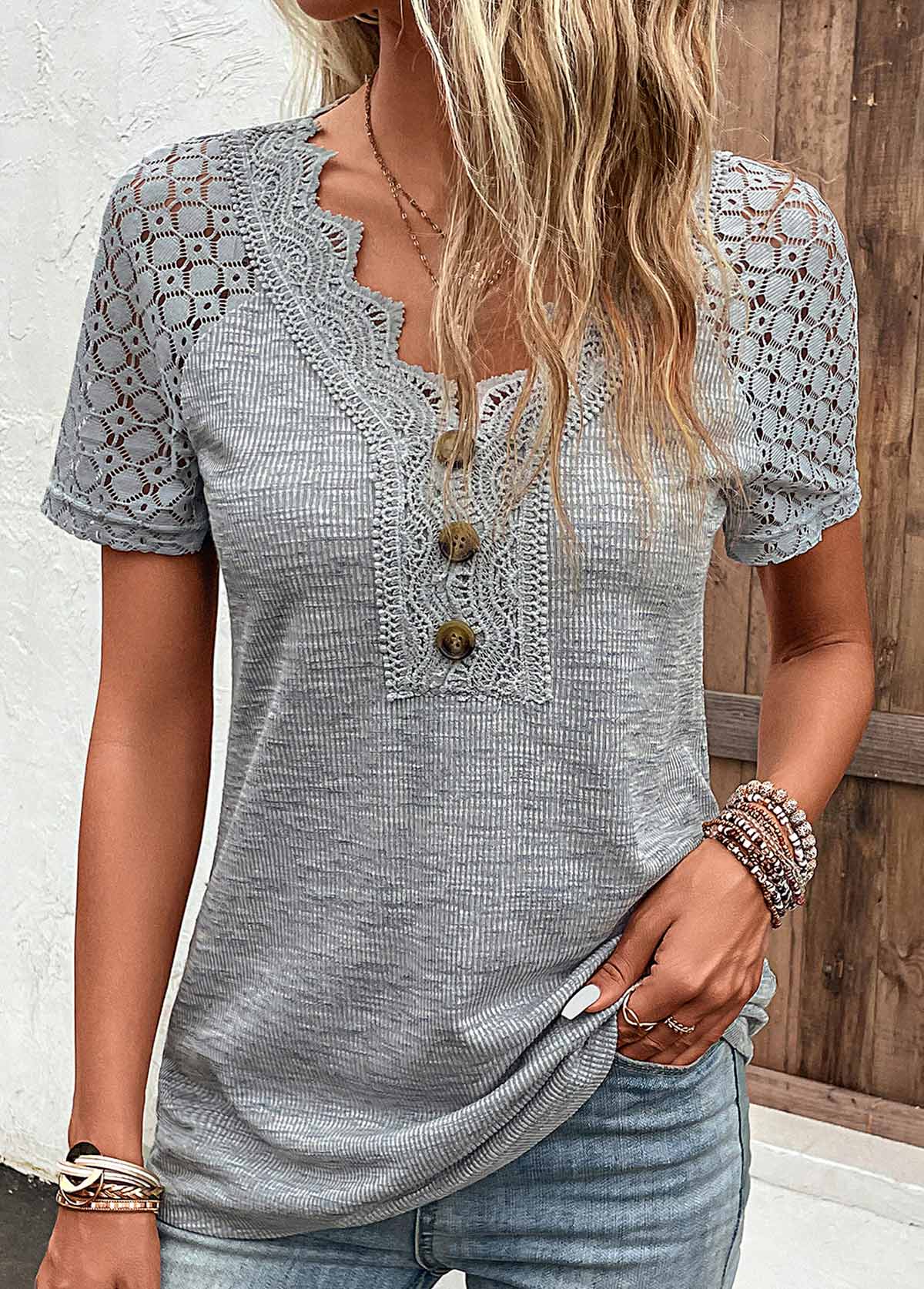 ROTITA Lace Grey V Neck Short Sleeve T Shirt