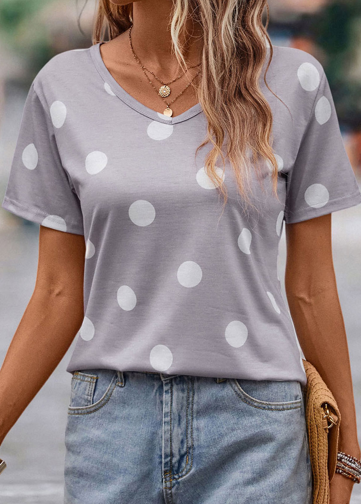 Grey tops,Dot tops,Lightweight Polka Dot Grey V Neck T Shirt