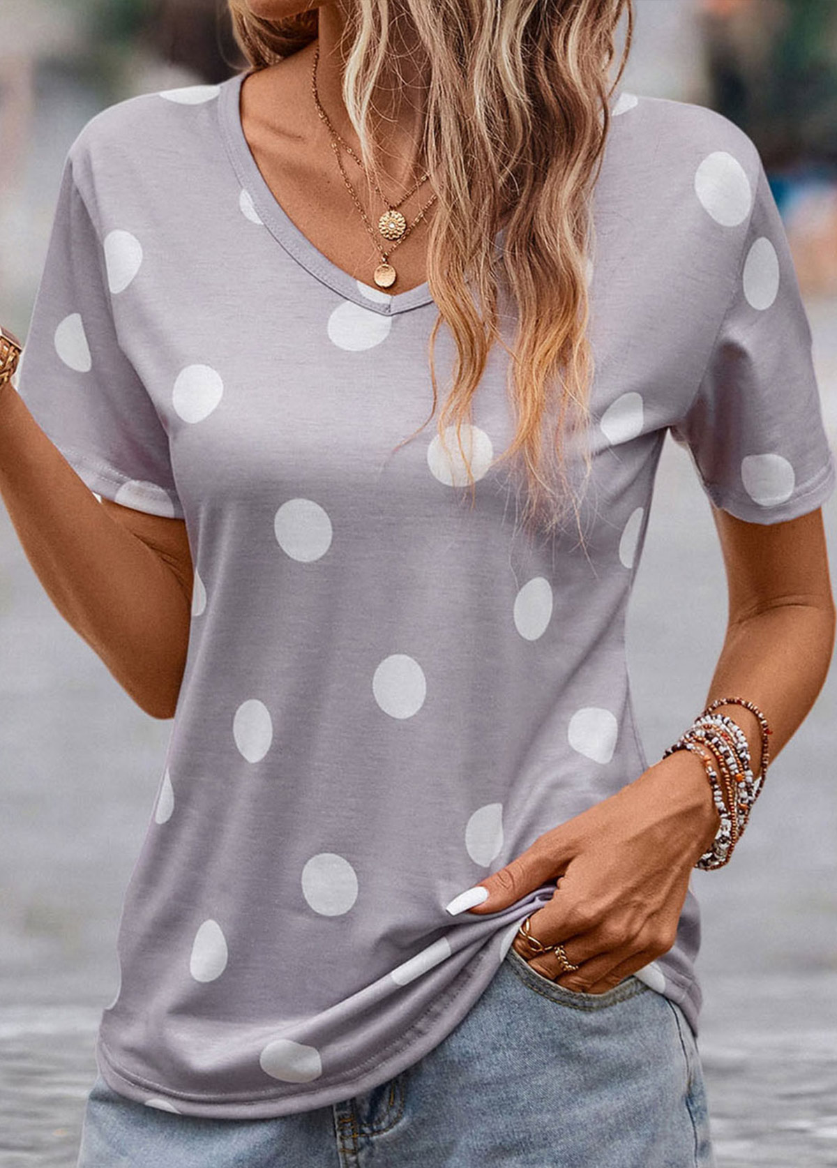 Grey tops,Dot tops,Lightweight Polka Dot Grey V Neck T Shirt