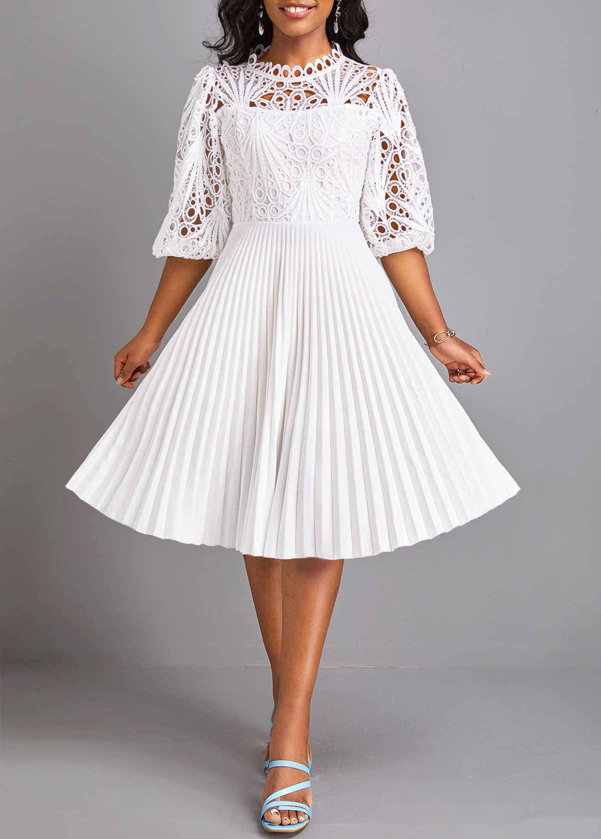 White dresses,Plain Color dresses,Party dresses,Elegant dresses,ROTITA Pleated White Belted Round Neck Dress
