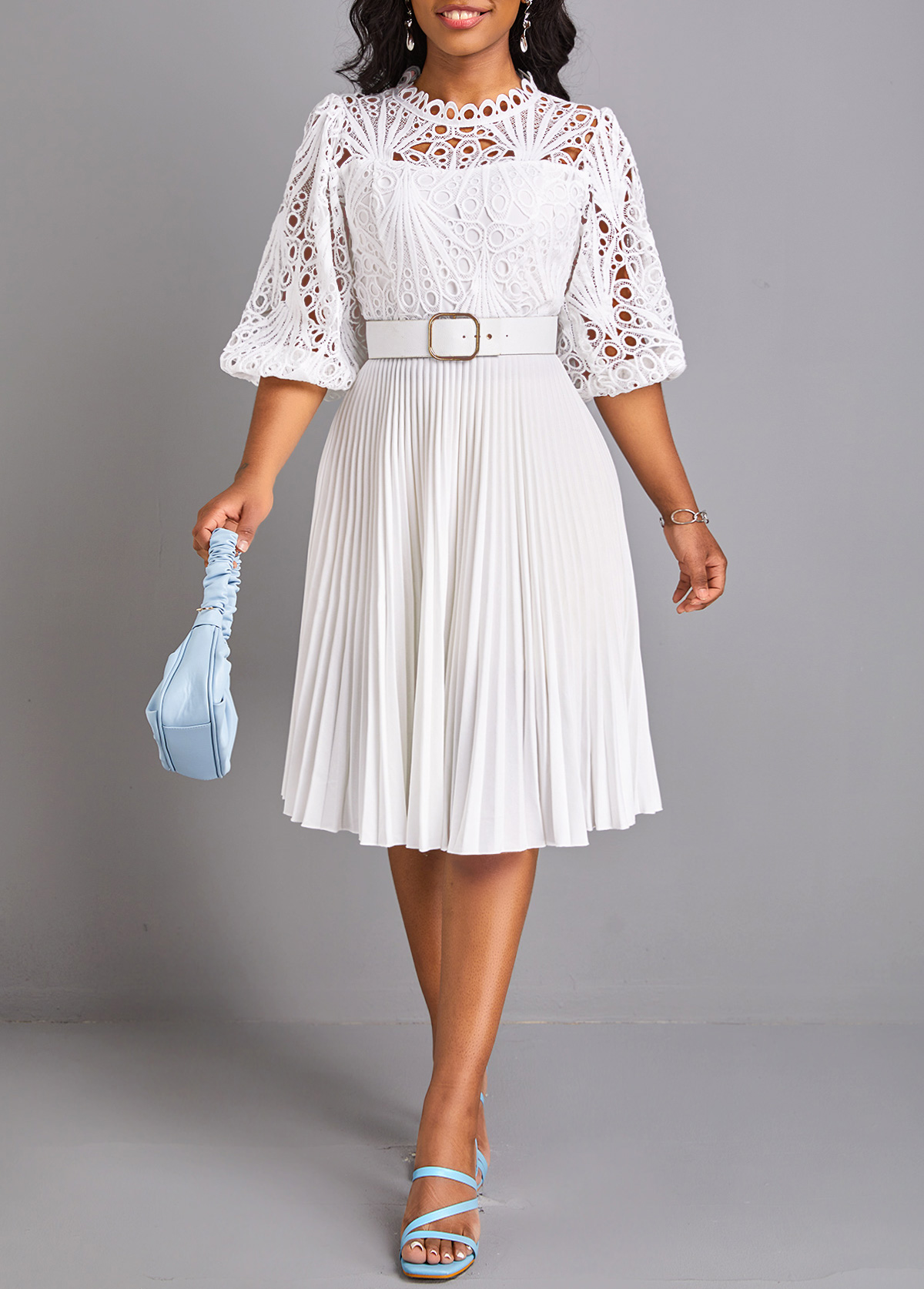 White dresses,Plain Color dresses,Party dresses,Elegant dresses,ROTITA Pleated White Belted Round Neck Dress