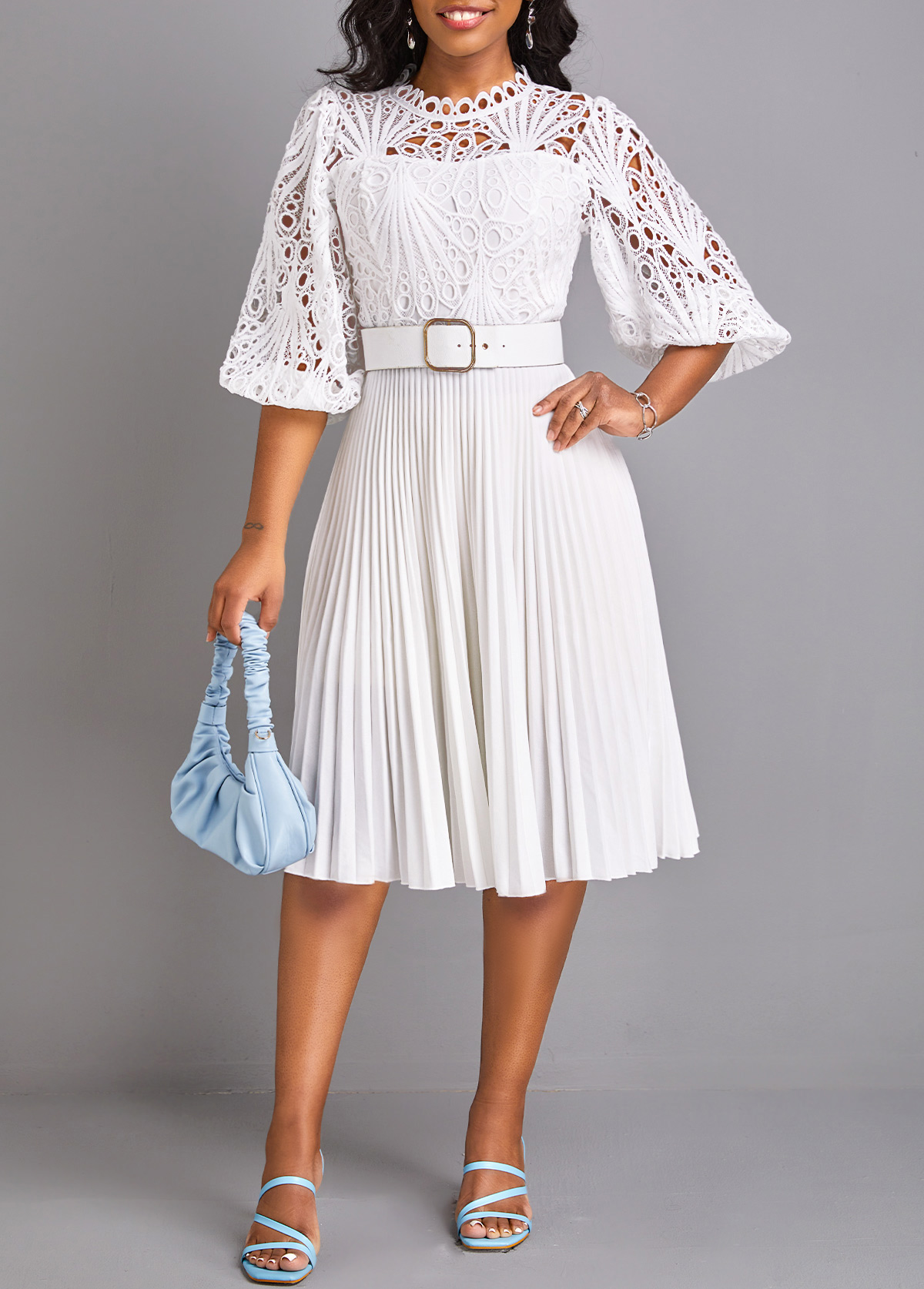 White dresses,Plain Color dresses,Party dresses,Elegant dresses,ROTITA Pleated White Belted Round Neck Dress