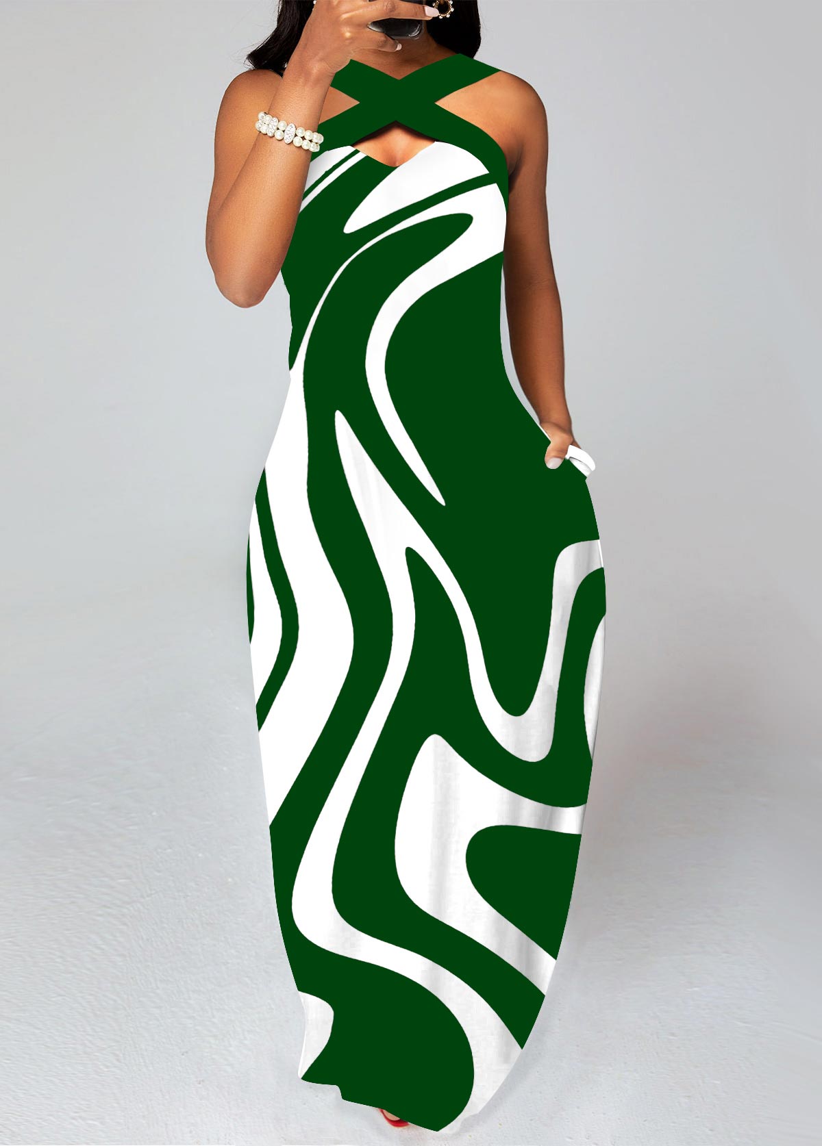 ROTITA Criss Cross Geometric Print Green Maxi Dress