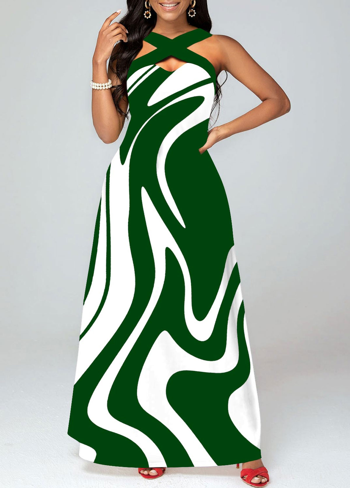 Green dresses,Geometric dresses,Vacation dresses,Vacation dresses,ROTITA Criss Cross Geometric Print Green Maxi Dress