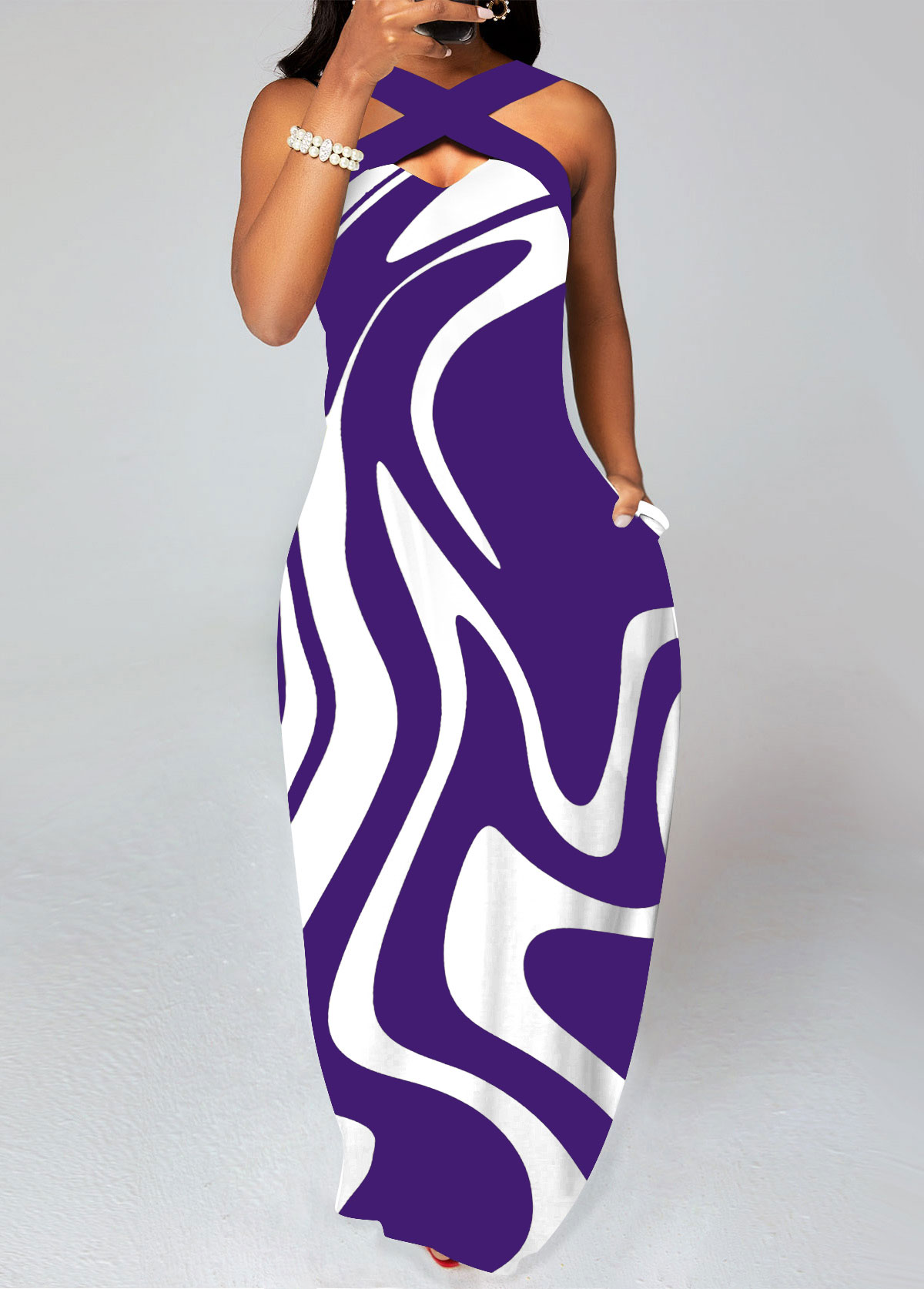 ROTITA Criss Cross Geometric Print Purple Maxi Dress