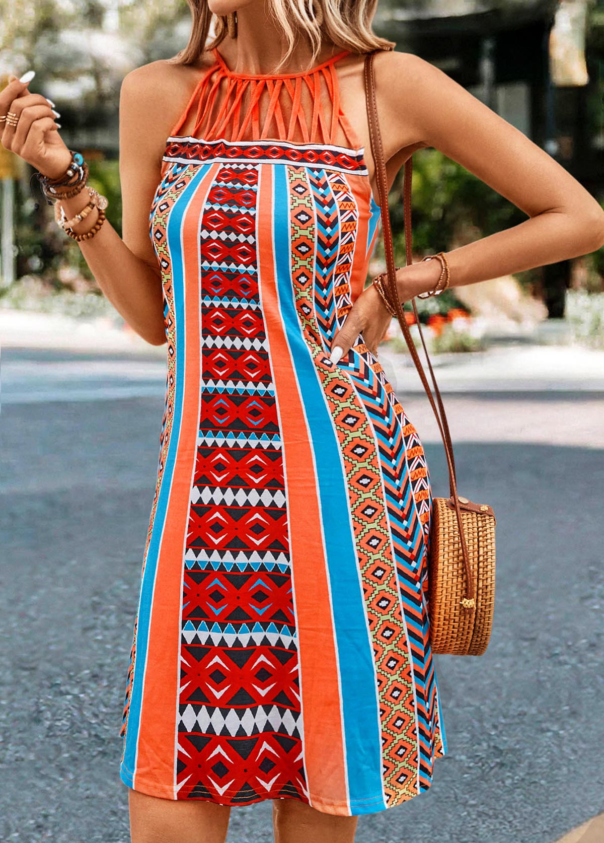 Orange dresses,Striped dresses,Geometric dresses,Criss Cross Striped Orange Short Shift Dress