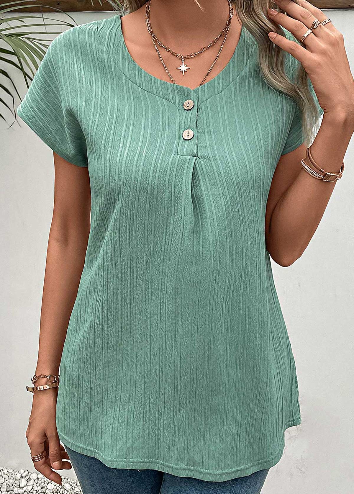 Green tops,Plain Color tops,Button Green Round Neck Short Sleeve T Shirt