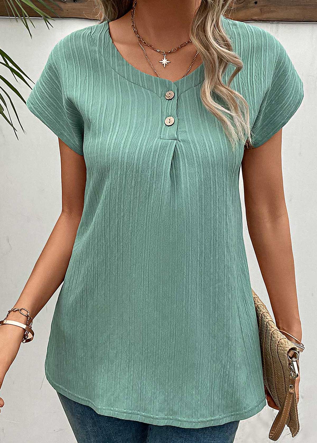 Green tops,Plain Color tops,Button Green Round Neck Short Sleeve T Shirt