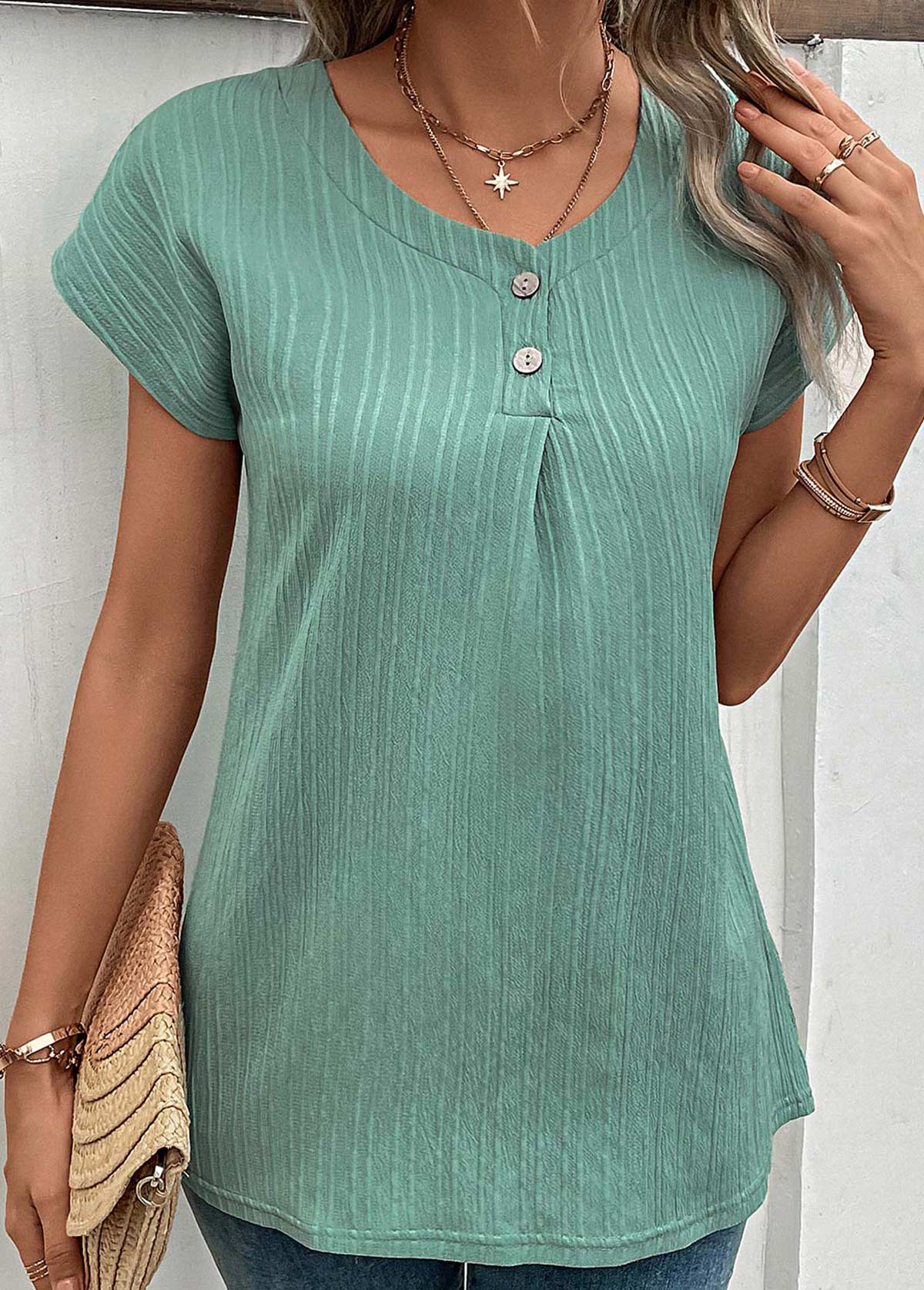 Green tops,Plain Color tops,Button Green Round Neck Short Sleeve T Shirt