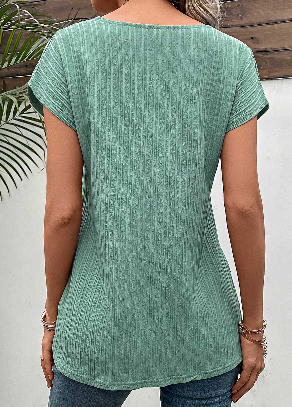 Green tops,Plain Color tops,Button Green Round Neck Short Sleeve T Shirt