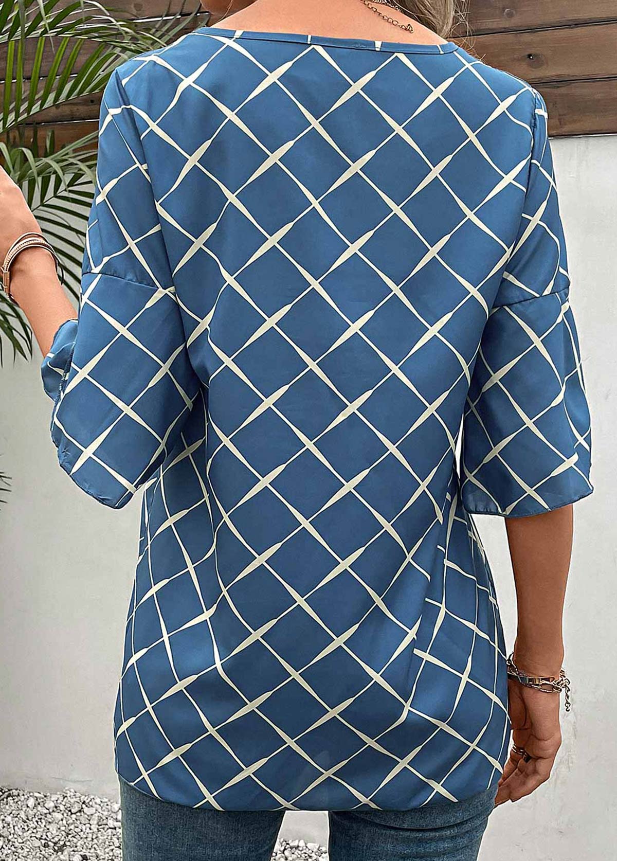 Blue tops,Plaid tops,Striped tops,Geometric tops,Split Plaid Blue Round Neck T Shirt