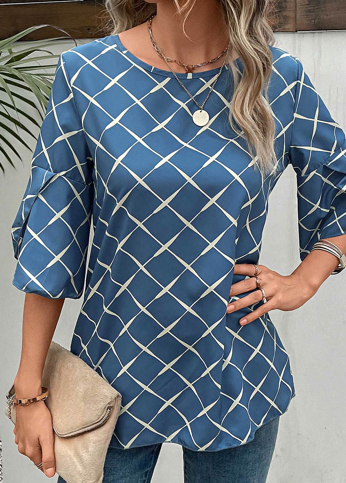 Blue tops,Plaid tops,Striped tops,Geometric tops,Split Plaid Blue Round Neck T Shirt