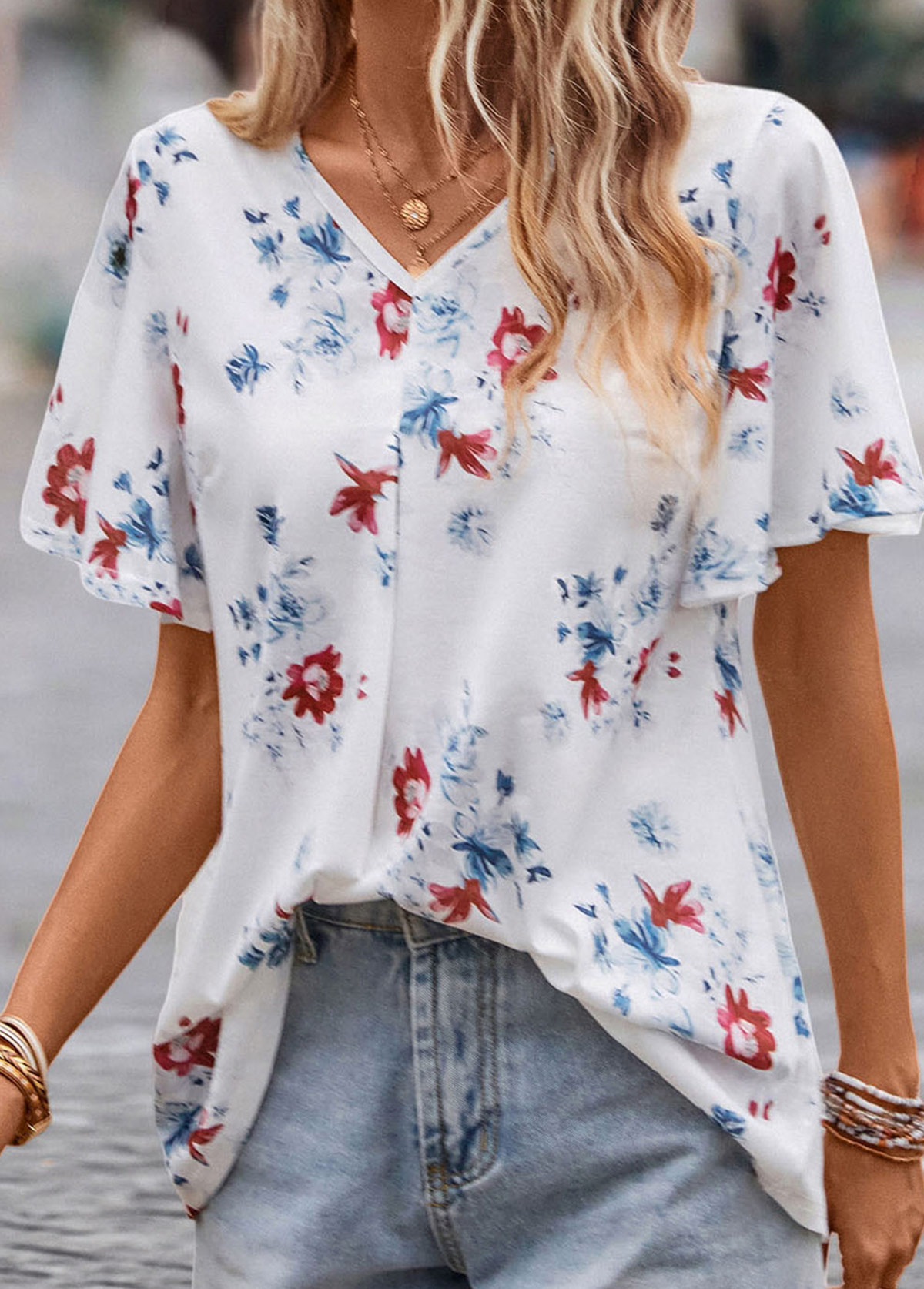 White tops,Floral tops,Plants tops,Floral Print White V Neck Short Sleeve Blouse