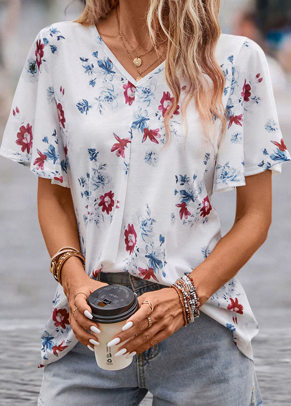 White tops,Floral tops,Plants tops,Floral Print White V Neck Short Sleeve Blouse