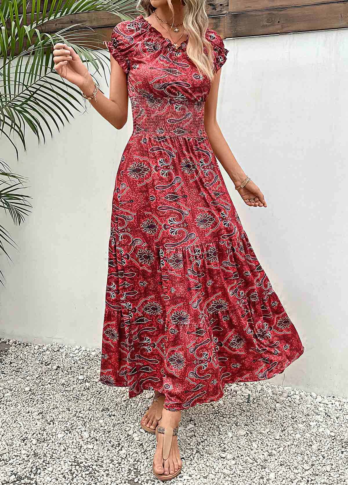 Smocked Tribal Print Wine Red Maxi Dress