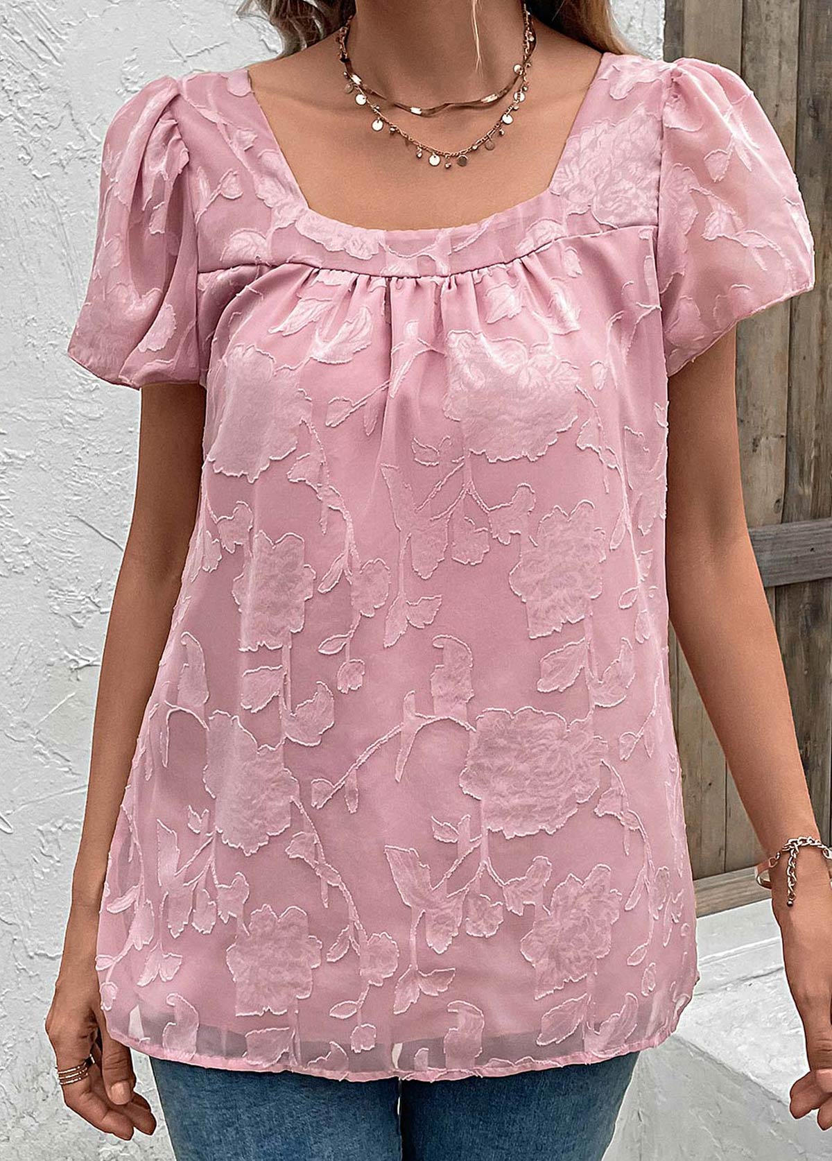 Pink tops,Plain Color tops,Ruched Pink Square Neck Short Sleeve Blouse