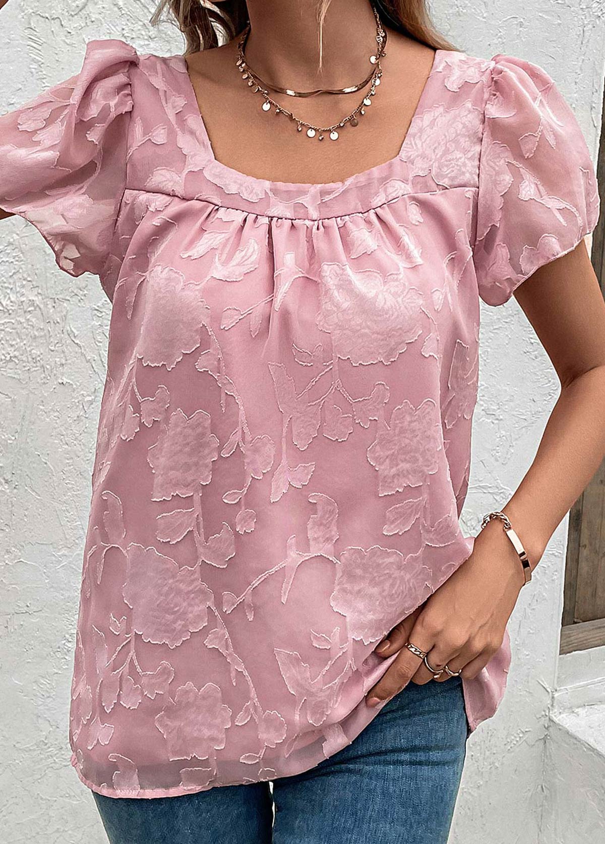 Pink tops,Plain Color tops,Ruched Pink Square Neck Short Sleeve Blouse